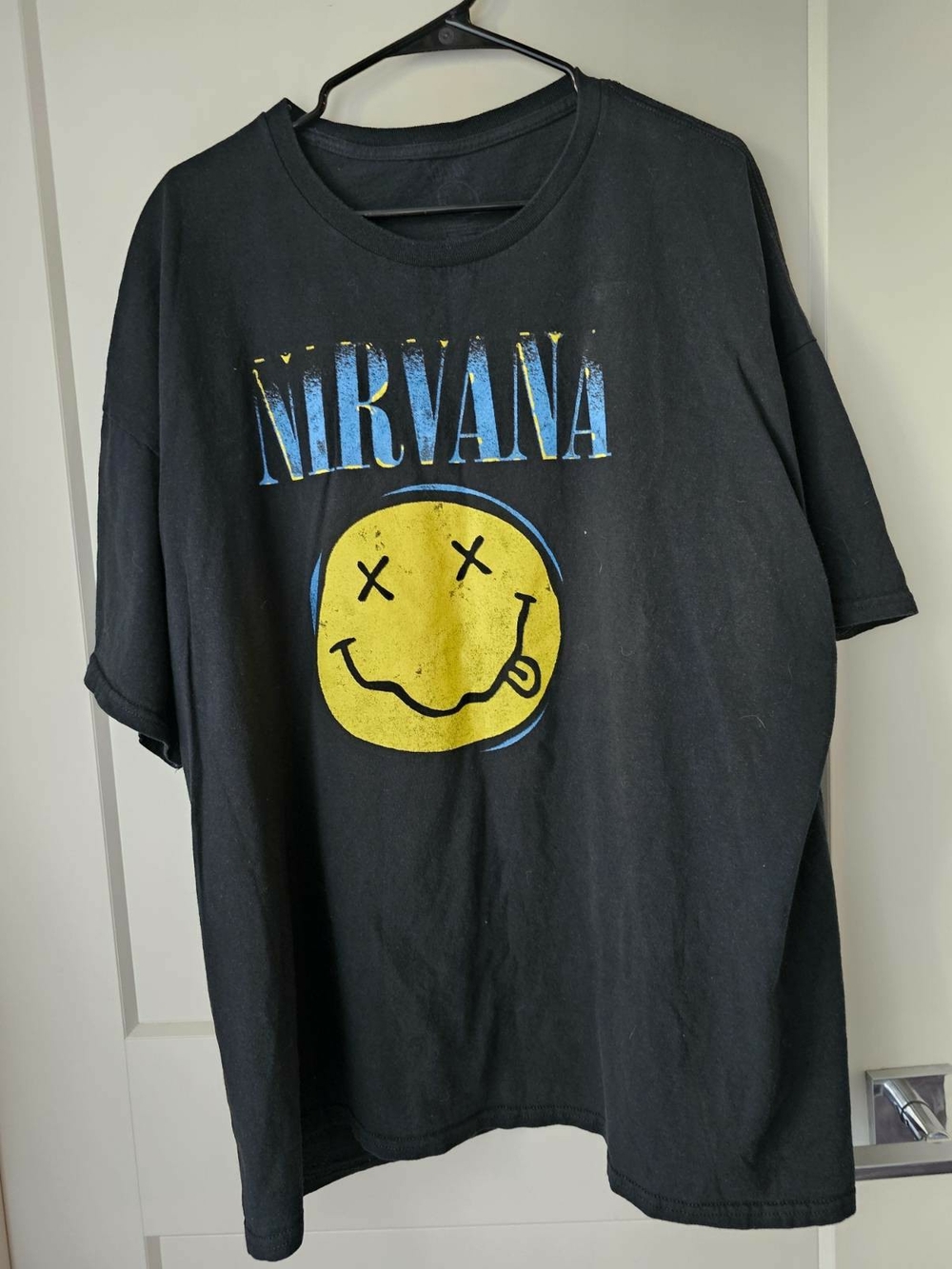 NIRVANA Y2k Black Tee with Yellow Smile and Blue Logo